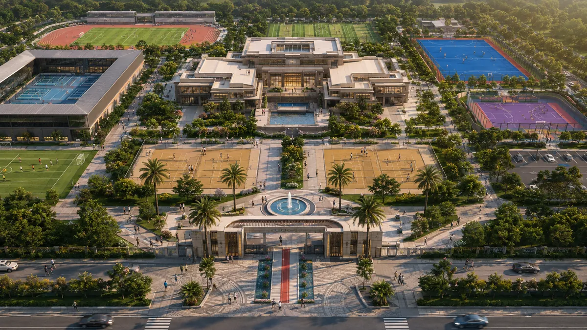 Aerial conceptual 3D visualisation of an integrated multi-sport campus with outdoor fields, courts and central facilities