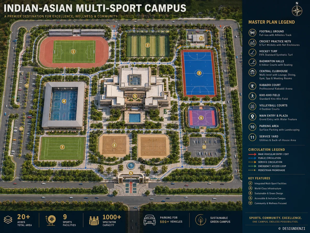 Conceptual multi-sport campus masterplan showing sports facilities, circulation, parking and central clubhouse